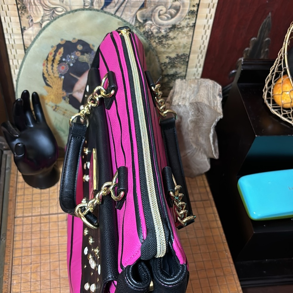 Betsey Johnson Studs and Flowers Black Hot Pink Striped Bag 11.5”Wx10”Hx5.75”D - Picture 4 of 17